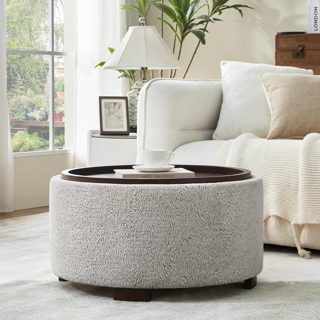 Zihanhome 30 Inch Round Storage Ottoman Coffee Table, Modern Boucle Ottoman with Lift-Off Lid and Solid Wood Legs for Living Room, Bedroom, Corners, Apartments (Beige)