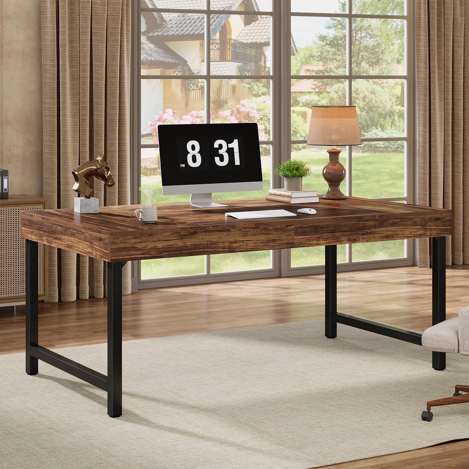 Tribesigns 55" Industrial Executive Desk for Home Office, Rustic Simple Computer Laptop Desk with Strong Metal Legs, Study Writing Table Business Workstation, Small Conference Table Black