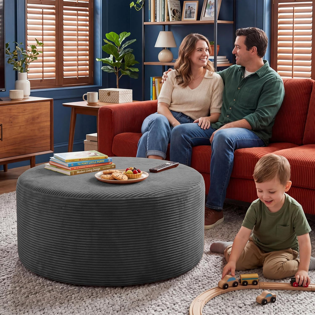 BSHOMGI Round Boneless Ottoman Oversized Ottomans for Living Room, Cloud Rectangle Pouf Coffee Table, Poofy Corduroy Foot Stoolsfor Living Room, Bedroom or Office