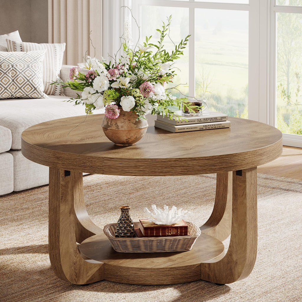 Tribesigns Round Coffee Table, 2-Tier Circle Coffee Table with Storage, Modern Wooden Accent Center Table for Living Room, Thick Tabletop & Base, Dark Brown