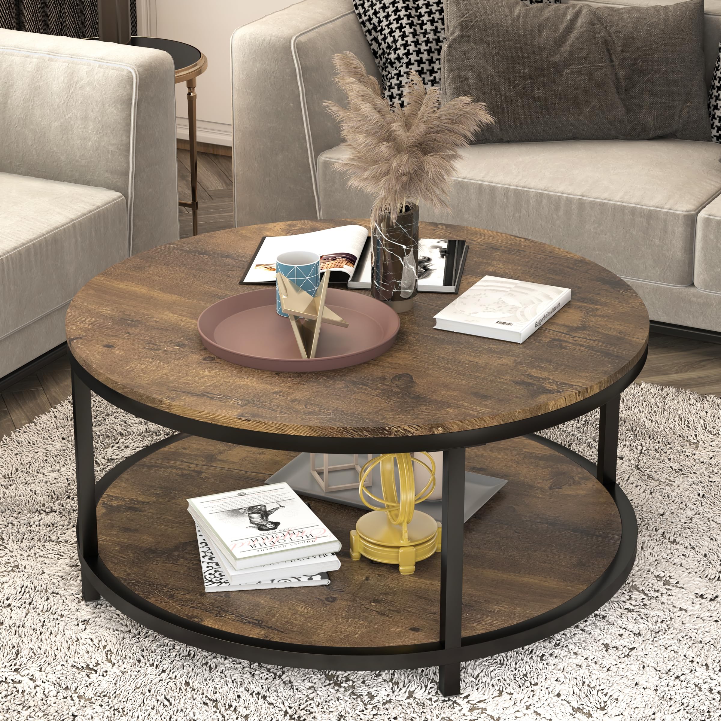 NSdirect Round Coffee Table, 27.5" Small Coffee Table for Living Room,2-Tier Rustic Wood Desktop with Storage Shelf Modern Design Home Furniture(Light Walnut)