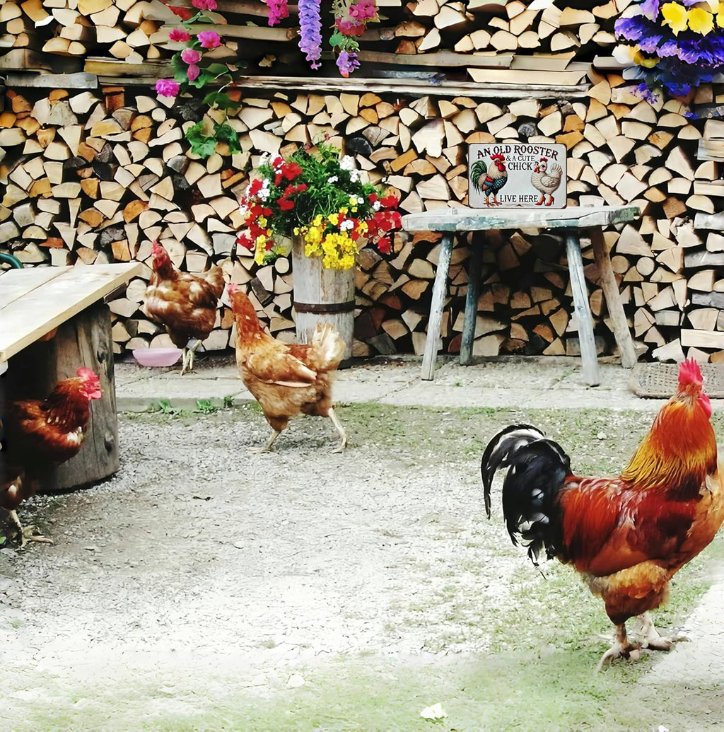 Smilelife Funny Gifts for Women Chicken Lovers Farm Enthusiasts An Old Rooster And A Cute Chick Live Here Chicken Tin Sign for Chicken Coop Farm Kitchen Garden Yard Decor 8 X 12 Inch (3821)