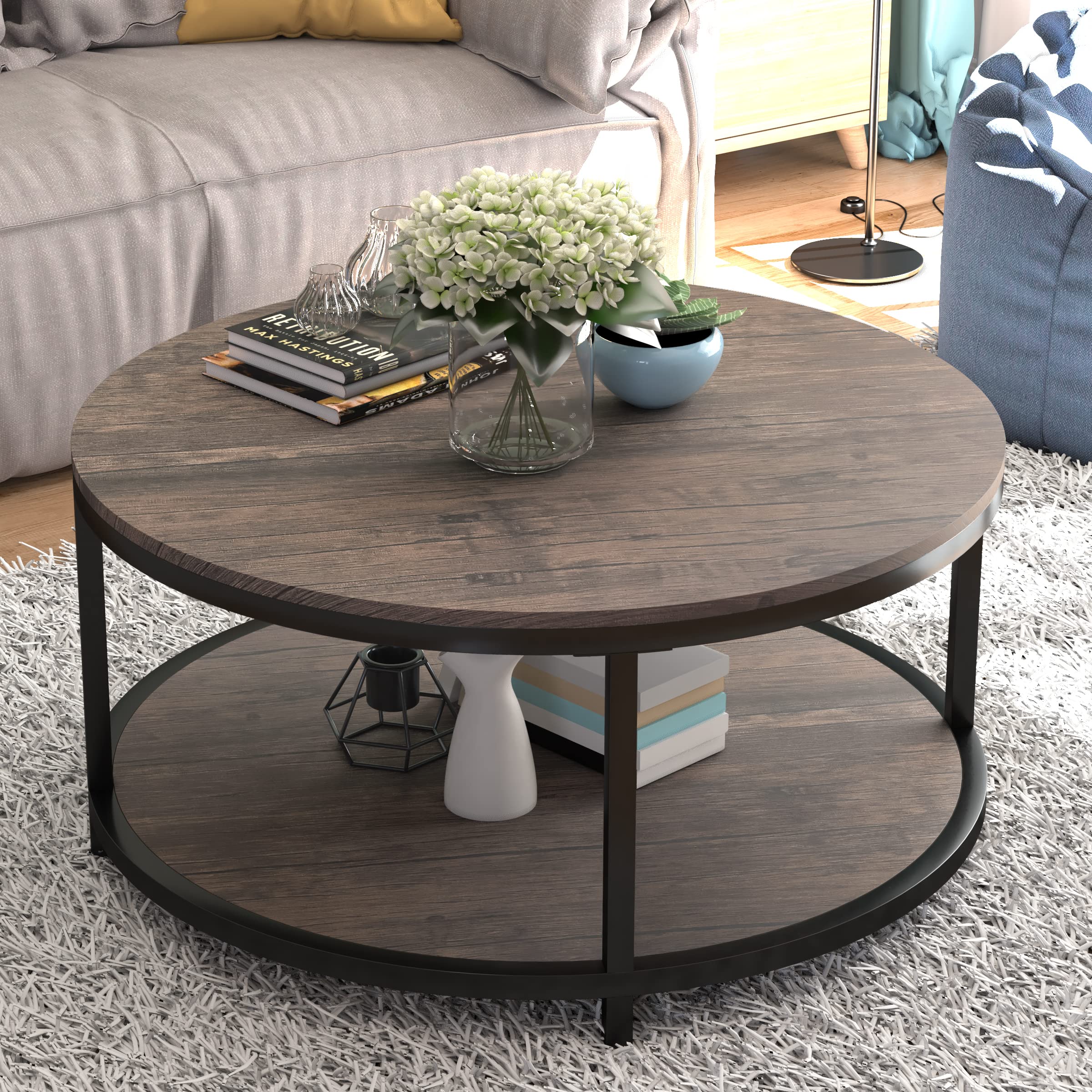 NSdirect Round Coffee Table, 27.5" Small Coffee Table for Living Room,2-Tier Rustic Wood Desktop with Storage Shelf Modern Design Home Furniture(Light Walnut)