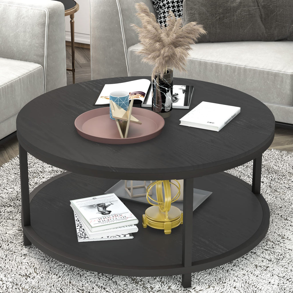 NSdirect Round Coffee Table,36" Coffee Table for Living Room,2-Tier Rustic Wood Desktop with Storage Shelf Modern Design Home Furniture(Light Walnut)