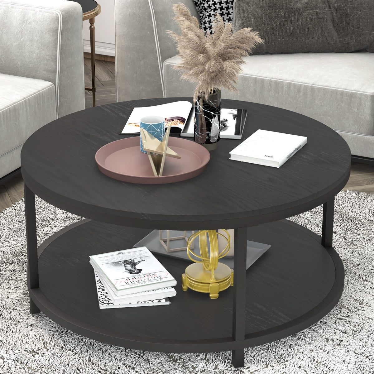 NSdirect Round Coffee Table, 27.5" Small Coffee Table for Living Room,2-Tier Rustic Wood Desktop with Storage Shelf Modern Design Home Furniture(Light Walnut)
