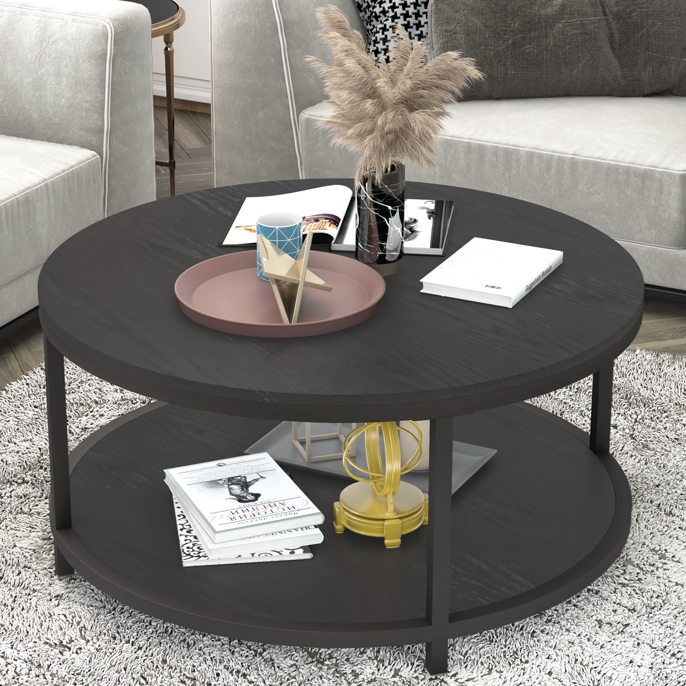 NSdirect Round Coffee Table, 27.5" Small Coffee Table for Living Room,2-Tier Rustic Wood Desktop with Storage Shelf Modern Design Home Furniture(Light Walnut)