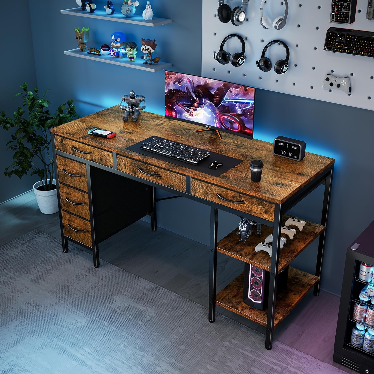 OLIXIS Computer desk with 6 Drawers, 55 inch Office workstation with Storage Shelves, Reversible Gaming setup, Corner table with Storage Drawers, Work for Home Office, Study, Living Room, Rustic Brown