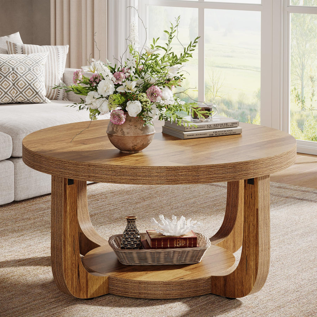 Tribesigns Round Coffee Table, 2-Tier Circle Coffee Table with Storage, Modern Wooden Accent Center Table for Living Room, Thick Tabletop & Base, Dark Brown