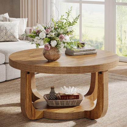 Tribesigns Round Coffee Table, 2-Tier Circle Coffee Table with Storage, Modern Wooden Accent Center Table for Living Room, Thick Tabletop & Base, Dark Brown