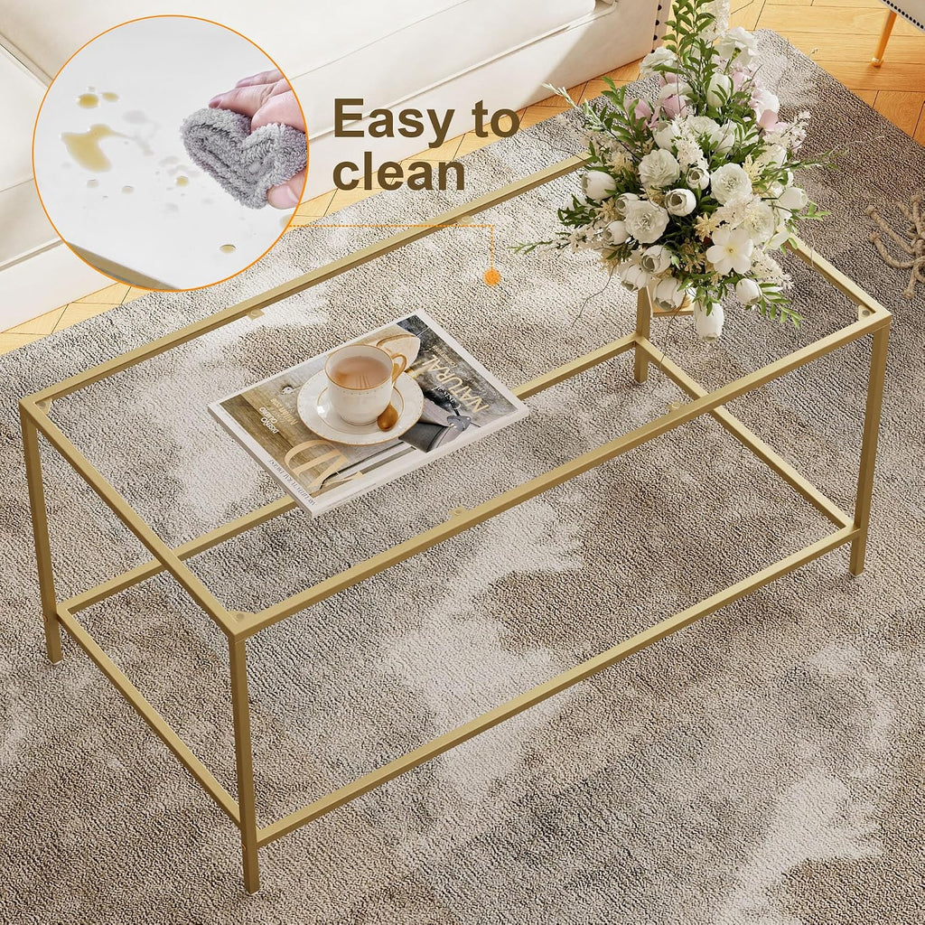 Homleke Glass Coffee Table, Modern Rectangular Coffee Table for Living Room, Minimalist Center Tea Table with Sturdy Metal Frame for Apartment, Office, Easy Assembly, 39.4 x 19.7 x 17.7 Inches, Golden
