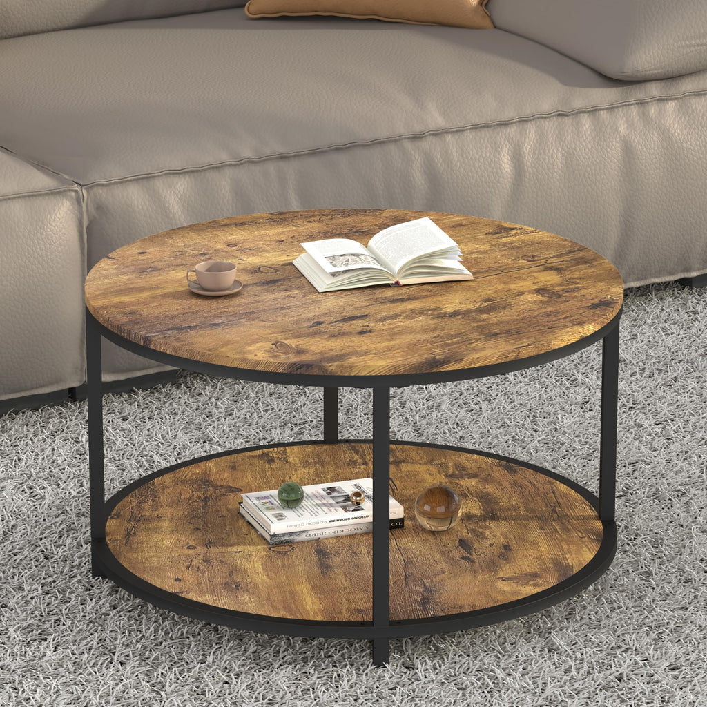 NSdirect Round Coffee Table, 27.5" Small Coffee Table for Living Room,2-Tier Rustic Wood Desktop with Storage Shelf Modern Design Home Furniture(Light Walnut)