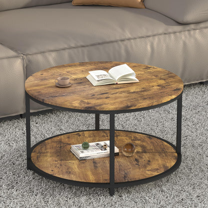NSdirect Round Coffee Table, 27.5" Small Coffee Table for Living Room,2-Tier Rustic Wood Desktop with Storage Shelf Modern Design Home Furniture(Light Walnut)
