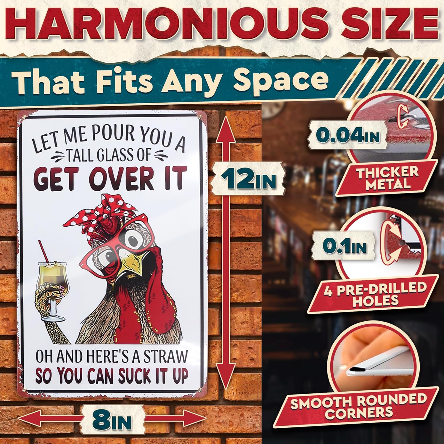 Let Me Pour You a Tall Glass of Get Over It Tin Sign 8x12" – Metal Signs for Outside – Rustic Tin Farmhouse Wall Art & Vintage Funny Kitchen Signs for Kitchen, Barn, or Yard | Chicken Coop Accessories