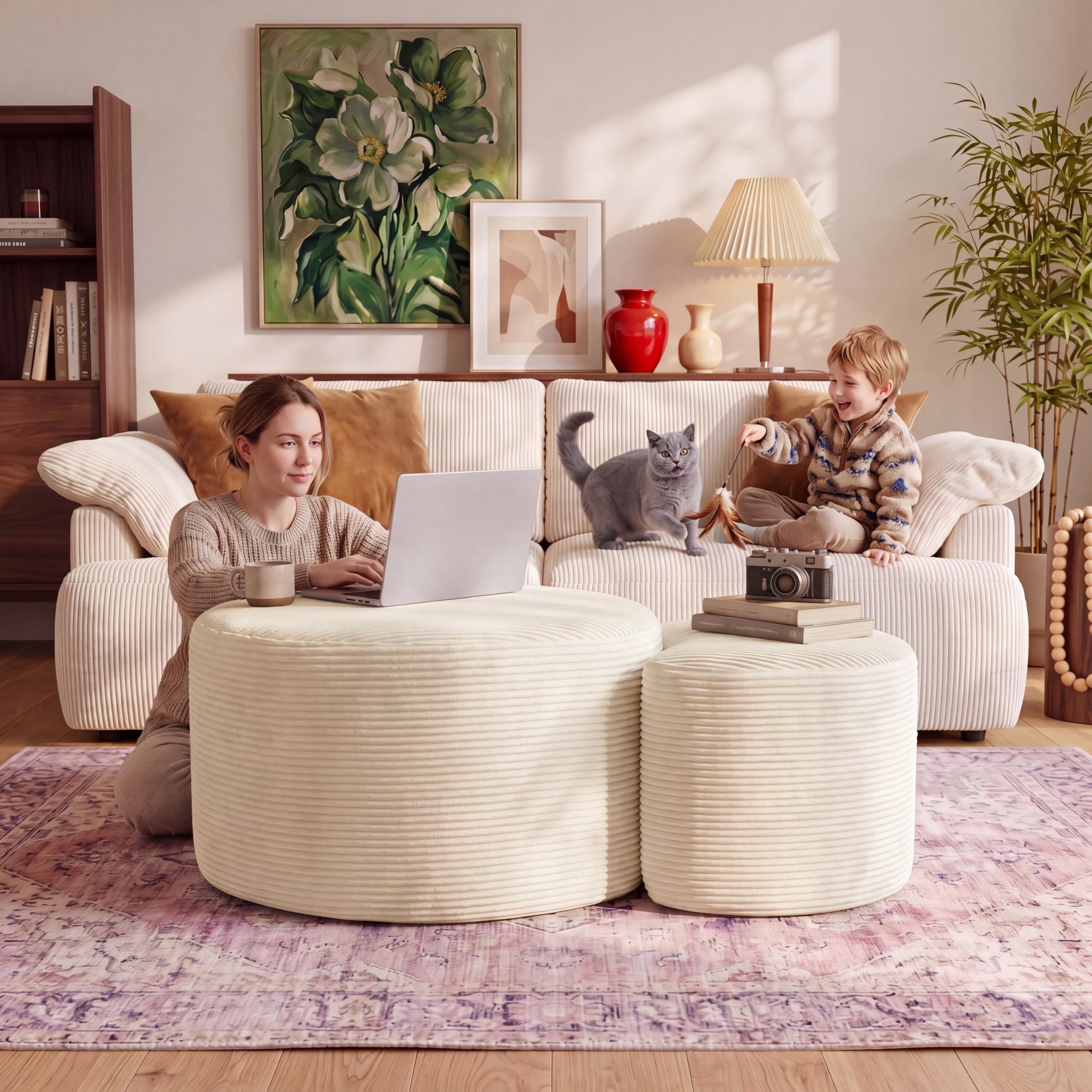 BSHOMGI Round Boneless Ottoman Oversized Ottomans for Living Room, Cloud Rectangle Pouf Coffee Table, Poofy Corduroy Foot Stoolsfor Living Room, Bedroom or Office